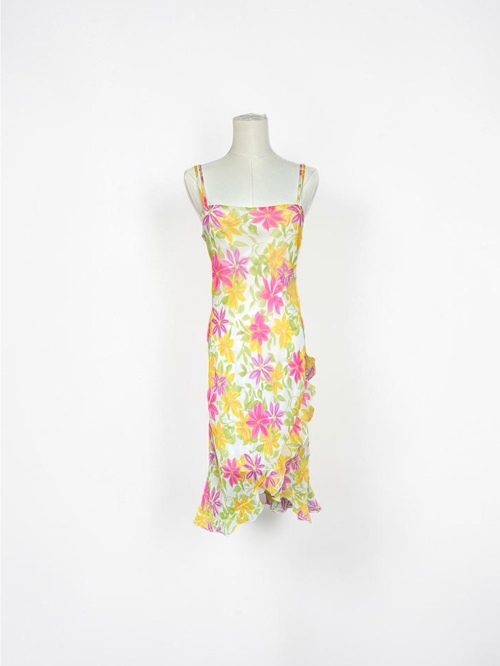 Floral Spaghetti Strap Midi Dress in Pink & Yellow